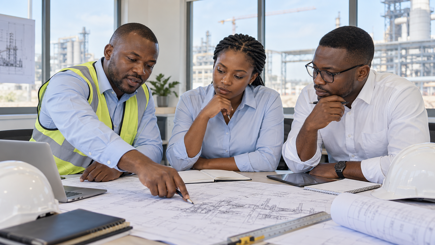 Illustration of Black engineering professionals reviewing project plans together